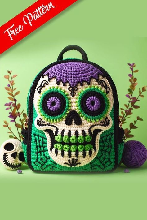 The crochet sugar skull backpack is a vibrant and eye-catching accessory, perfect for adding a touch of festive flair to any outfit. This intricate design features bold colors and detailed patterns, making it both a functional item and a piece of art Sugar Skull Crochet Pattern Free, Scull Crochet, Crochet Projects Halloween, Crochet Sugar Skull, Free Halloween Crochet Patterns, Backpack Crochet Pattern, Free Crochet Halloween, Functional Crochet, Skull Diy