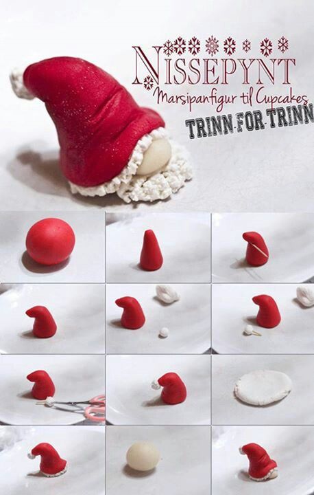 Fondant Tutorial by Nissepynt - Santa Hat Gnome Polymer Clay Gnomes Tutorial, Polymer Clay Gnomes, Polymer Clay Tutorials Free, Polymer Clay Ideas, Polymer Clay Cane Tutorial, Clay Christmas Decorations, Chirstmas Decor, Gnome Tutorial, Gnome Decor