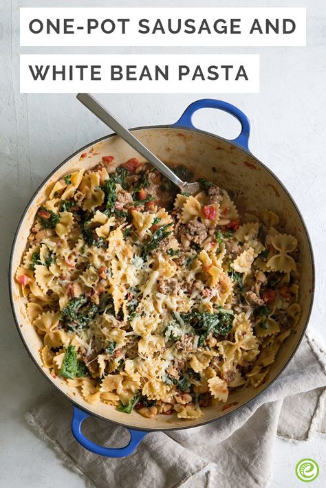 One-Pot Sausage and White Bean Pasta | eMeals.com White Bean Pasta Recipe, White Beans And Pasta, Sausage White Bean Pasta, Sausage Cannellini Beans Spinach, White Beans And Sausage Recipe, Sausage And White Beans, White Bean Sausage, White Bean Pasta, Pasta With White Beans