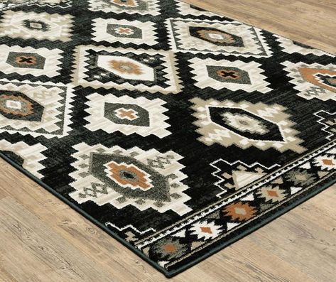 Greta Charcoal & Beige Geometric Runner Rug, (1.1' x 7.6') -  #beige #Charcoal #Geometric #Greta #Rug #runner Brown And Black House Decor, Rugs With Black Couch, Aztec House Decor, Western Rugs Living Room, Western Home Decor Ranch Style, Southwest Decorating, Western Office, Diy Farmhouse Ideas, 2024 Manifestation