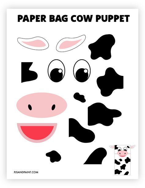 Cow Face Printable, Paper Bag Cow Craft, Cow Puppet Paper Bag, Paper Bag Cow Puppet, Cow Crafts Preschool Free Printables, Cow Printable Templates, Cow Face Template Free Printable, Cow Template Free Printable, Paper Bag Puppets Printable Free