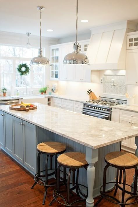 source: Britt Lakin Photography  Two-tone kitchen with white shaker cabinets… Beadboard Trim, Granite Kitchen Island, Farmhouse Kitchen Colors, Blue Kitchen Island, Kabinet Dapur, Farmhouse Kitchen Island, Kitchen Island With Seating, Island With Seating, Kitchen Decor Modern