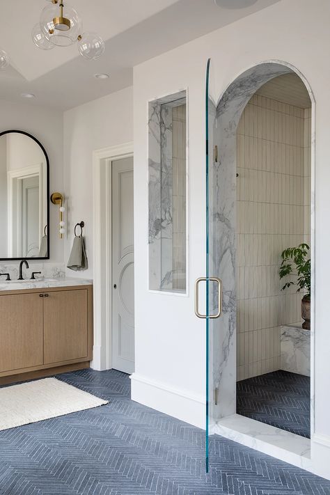 Herringbone Shower Floor, Herringbone Shower, Brooke Wagner Design, Brooke Wagner, Herringbone Tile Floors, Window In Shower, Newport Coast, Shower Floor Tile, Master Shower