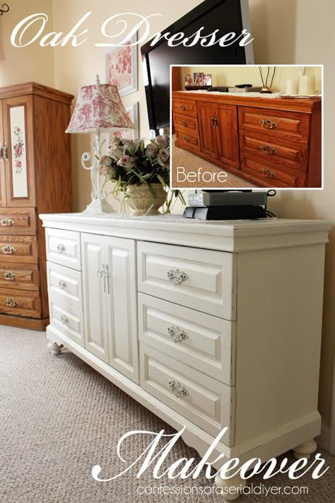 This was a dated oak dresser that was brought to life with DIY chalk paint! Cherry Bedroom Furniture, Grey Bedroom Furniture, Oak Bedroom Furniture, Bedroom Furniture Makeover, Painted Bedroom Furniture, Oak Dresser, Dressers Makeover, Chalk Paint Ideas, Diy Chalk