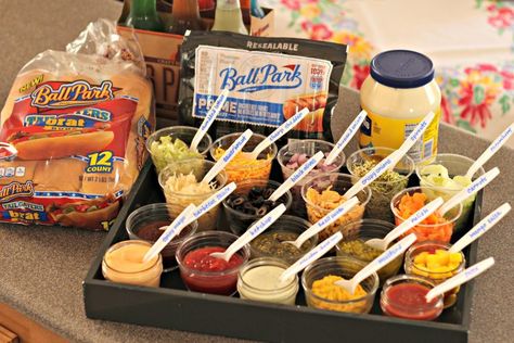 Hot Dog Bar Set Up, Hot Dog Buffet, Firepit Party, Hot Dog Bar Ideas, Hot Dog Bar Toppings, Baseball Food, Hot Dog Party, Party Food Bars, Fire Pit Party