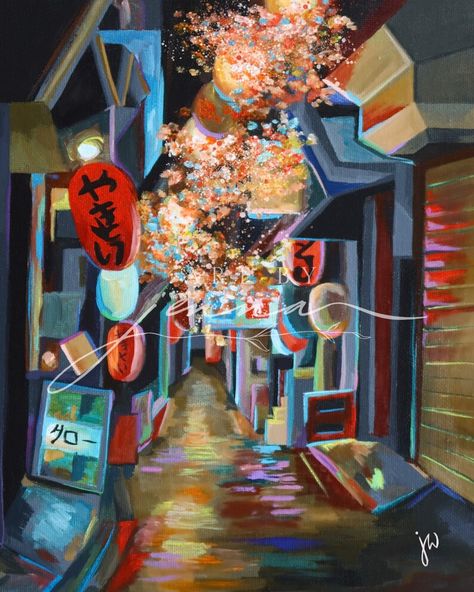 This artwork, 'Neon Dreams', is a print of an original acrylic painting by Japan/UK-based artist, Jenna Wallace.  "Alive with colour and light, Tokyo will always be one of my favourite places to be. With neon lights and lanterns illuminating the cherry blossom, I wanted this painting to capture the wonder I felt exploring Tokyo's streets. I enjoyed experimenting with colour to express the vibrant nature of this dynamic city." Japan Painting Easy, Japanese City Street, Japanese City, Japan Painting, Places To Be, Dream Painting, Tokyo Street, Sense Of Place, City Street