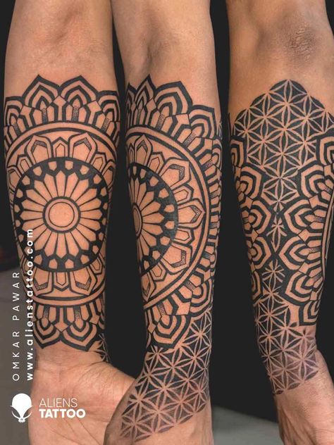 Creative Geometric Tattoo Ideas For You | Aliens Tatoo Forearm Mandala Tattoo, Geometric Tattoo Hand, Mandala Tattoo Men, Aliens Tattoo, Mandala Tattoo Designs, Henna Tattoo Designs Arm, Geometric Tattoo Pattern, Mandala Sleeve, Mandala Hand Tattoos