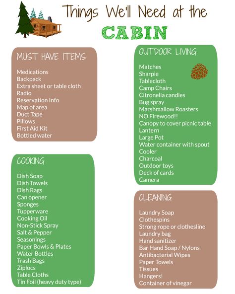 Awesome free printable packing list for a cabin vacation -- what to bring! Cabin Trip Packing List, Cabin Packing List, Printable Packing List, Camping Snacks, Cabin Trip, Camping Diy, Camping Packing List, Trip Packing, Camping List