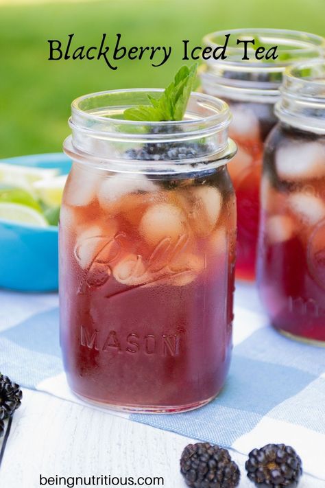 Simply refreshing! This Blackberry Mint Iced Tea uses just 3 ingredients to bring Summer into a beverage! So easy and perfect for BBQs and summer evening relaxing! Tea Party Ideas For Adults, Blackberry Iced Tea, Quinoa Mushroom, Healthy Picnic Foods, Black Bean Quinoa Burger, Shower 2023, Elegant Tea Party, Mushroom Burgers, Healthy Picnic