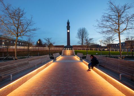 The University of Birmingham – The Green Heart by Churchman Thornhill Finch « Landscape Architecture Platform | Landezine Park Lighting, Led Rope Light, Neon Rope, Landscape Lighting Design, University Of Birmingham, Backyard Movie Nights, Backyard Movie, Facade Lighting, Led Rope