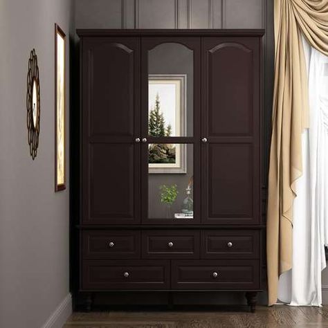 Dark Brown Closet, Brown Wardrobe Bedroom, Closet With Mirror Doors, Closet With Mirror, Armoire Closet, White Armoire, Closet Mirror, Mirror Doors, Wooden Closet