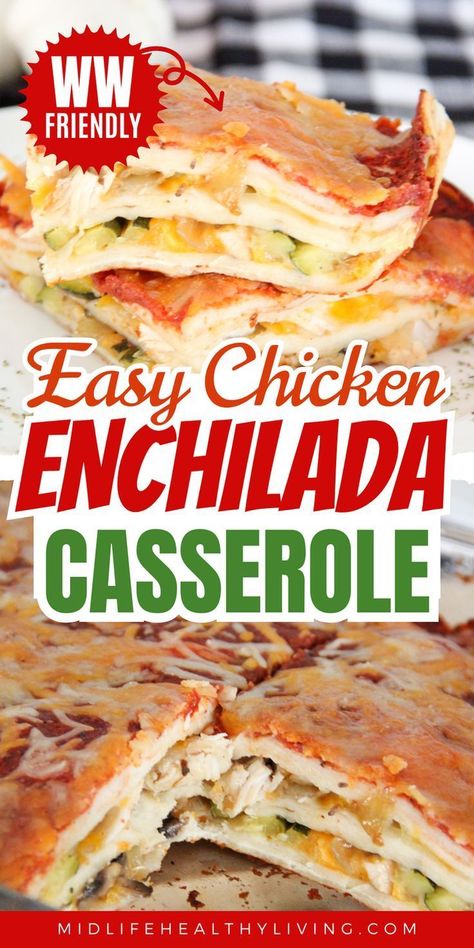 This easy chicken enchilada casserole is a tasty lunch or dinner that's perfect for Cinco de Mayo or for any occasion. Packed with all your favorite Mexican enchilada flavors, this homemade casserole is sure to be a hit. And the best part about this recipe is that it's Weight Watchers-friendly! Make this easy enchilada casserole for lunch or dinner today! Weight Watchers Enchiladas, Pepperoni Pizza Casserole Recipe, Easy Enchilada Casserole, Easy Chicken Enchilada Casserole, Weight Watchers Casserole, Taco Side Dishes, Enchilada Casserole Recipes, Chicken Dishes Easy, Homemade Coleslaw