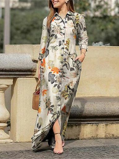 Women's A Line Dress Long Dress Maxi Dress Red Navy Blue Blue Long Sleeve Floral Print Fall Crew Neck Casual Winter Dress Fall Dress 2023 M L XL XXL 2023 - US $31.99 Long Denim Skirt, Pleated Shirt, Printed Cotton Dress, Maxi Robes, Button Up Dress, Dress Maxi, Maxi Dress Party, Boho Maxi Dress, Bohemian Dress