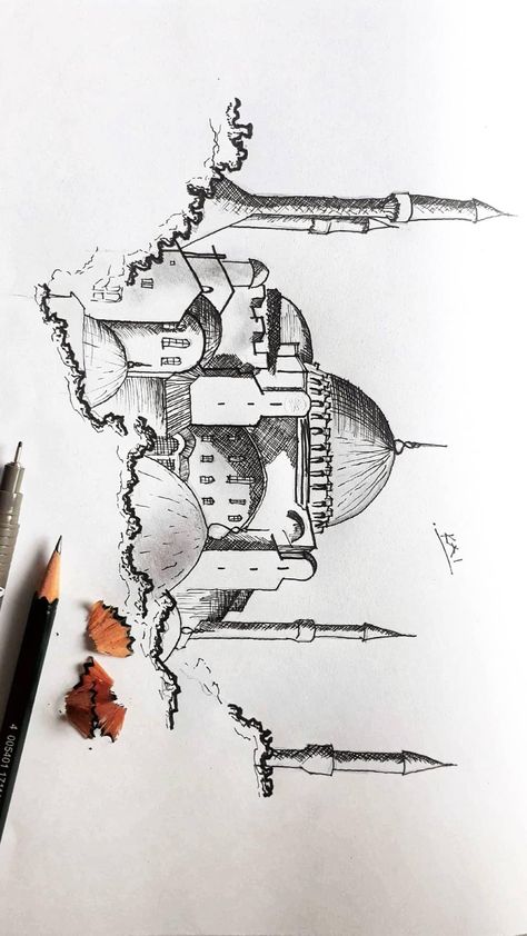 Matka Drawing, Istanbul Sketch, Mosque Sketch, Adventure Sketch, Hatching Drawing, Mosque Drawing, Istanbul Mosque, Basic Art Techniques, Pencil Drawing Images