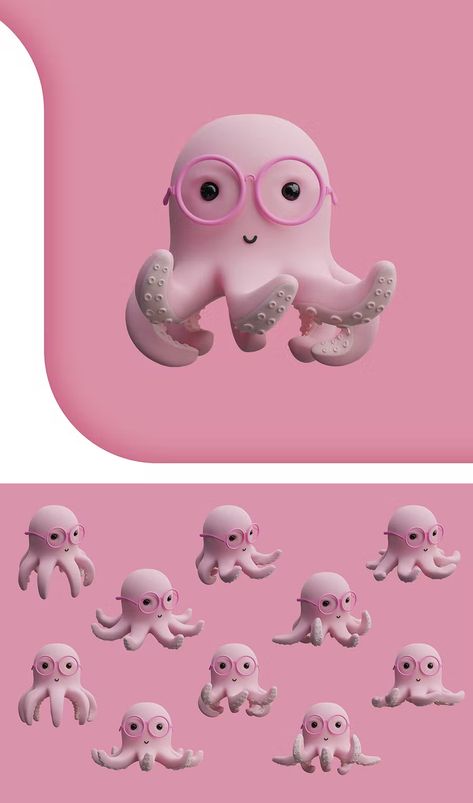 Cute Octopus Character Design, Octopus 3d Art, Octopus Illustration Cute, Cute Octopus Illustration, Octopus Animation, Octopus Character Design, Octopus Character, Cute Squid, 3d Octopus