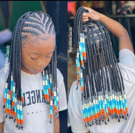 Little Black Girls Box Braids Hairstyle, Little Black Girls Braided Hairstyles For Kids With Beads, Kiddie Hairstyles For Kids Braids, Kids Tribals With Knotless Braids, Braids And Beads Kids, Kids Braids Hairstyles Black, Braids For Kids Girl Hairstyles, Girl Braids Hairstyles Kids Black, Half Up Half Down Kids Braids