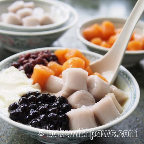 Taro and sweet potato balls dessert, Taro balls dessert, sweet potato balls dessert, Taiwanese Taro Balls dessert, Tapioca Pearls dessert Balls Dessert, Taro Recipes, Sweet Potato Balls, Milk Pudding Recipe, Steamed Sweet Potato, Orange Sweet Potatoes, Potato Balls, Taiwanese Cuisine, Sweet Soup