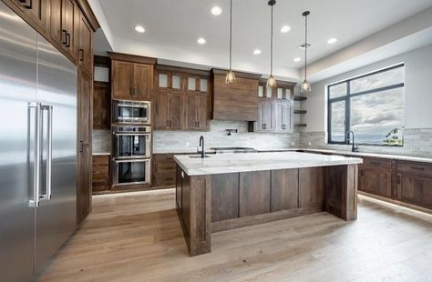 There’s something about dark wood cabinets that feels timeless ✨ #customhomes #builtforyou #housetour #houseplans #modernhomes #southernutah #hometour Light Flooring With Dark Cabinets, Dark Floor Light Cabinets Kitchen, Light Floors Dark Cabinets Kitchen, Dark Cabinets With Light Floors, Light Floors Dark Cabinets, Dark Stained Kitchen Cabinets, Dark Stained Cabinets, Stained Kitchen Cabinets, Dark Cabinets Light Floor