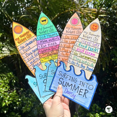 Celebrate the end of the school year and make plans for summertime fun with this printable summer activity. Students can write down their holiday goals such as driving to the beach, reading a new book, or learning a new skill on their personalised surfboards to take home. 🏖️ Beach Day School, First Day Of Summer Activities, Beach Day Activities For School, Surfboard Craft, Summer School Art, Summer Vacation Activities, Summer School Crafts, Summer School Activities, End Of Year Activities