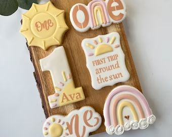 Etsy - Shop for handmade, vintage, custom, and unique gifts for everyone Trip Around The Sun Cookies, Sun Cookies, 1st Year Birthday, Sunshine First Birthday, First Birthday Cookies, Sunshine Birthday Parties, First Birthday Cupcakes, Sun Birthday, First Trip Around The Sun