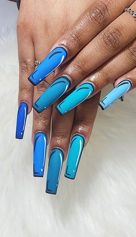 25 Fabulous Pop Art Nail Ideas You Should Try : Gradient Blue Pop Art Nails 1 - Fab Mood | Wedding Colours, Wedding Themes, Wedding colour palettes Art Pop Nails, Comic Style Nails, Blue Palette Nails, Comic Acrylic Nails, Pop Art Nails Square, Pop Art Gel Nails, Short Pop Art Nails, Pop Art Acrylic Nails, Comic Book Nails Designs