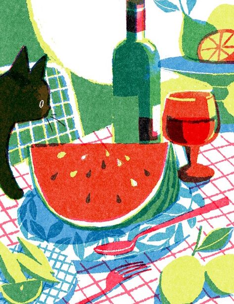 Risograph Design, Watermelon Cat, Watermelon Illustration, Watermelon Art, Illustration Cat, Food Wall Art, Art Sketches Doodles, Matchbox Art, Riso Print