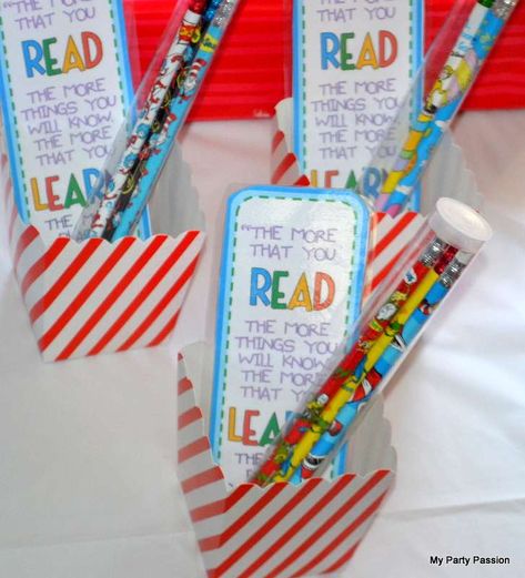 Dr. Seuss  | CatchMyParty.com Spring Party Ideas, Book Themed Birthday Party, Dr Seuss Party Ideas, Cat In The Hat Party, Dr Seuss Party, Dr Seuss Classroom, Pink And Gold Birthday Party, Dr Seuss Birthday Party, Seuss Classroom