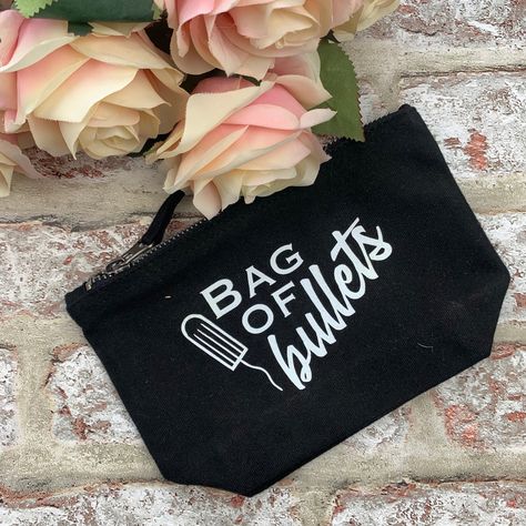 Bag of bullets- Tampon, pad, sanitary bag / Period Pouch – www.beingbethanyrose.com Tampon Bag Sayings, Period Bags, Period Pouch, Sanitary Bag, Funny Makeup Bag, Ouch Pouch, Funny Bags, Pads Tampons, Bag Quotes