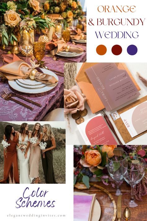 Burnt Orange Burgundy Purple Burnt Orange and Burgundy Wedding Color Palettes Bridemaids Dress Bridal Party Table Setting Invitation Centerpieces Bouquet Wedding Cake Burnt Orange And Burgundy Wedding, Orange And Burgundy Wedding, Burgundy Black Wedding, Burnt Orange And Purple, Bridal Party Table, Burgundy Background Aesthetic, Burgundy Wedding Colors, Bridal Party Tables, Burnt Orange Weddings