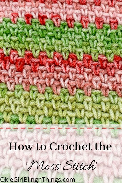 I love how simple the Moss stitch is! It’s made up of 2 stitches, the chain stitch and single crochet. That’s all! It’s a great stitch that gives a completely different look than just regular single crochet, but is easy enough that even beginners could easily grasp this stitch. . #mossstitch #crochetstitches #crochettutorial #howtocrochetthemossstitch Smooth Crochet Stitches, C2c Moss Stitch Crochet Pattern Free, Crochet Blanket Moss Stitch, Moss Stiches Crochet, Moss Crochet Stitch, Crochet Moss, Moss Stitch Pattern, Knit Bags, Knitting Patterns Free Blanket