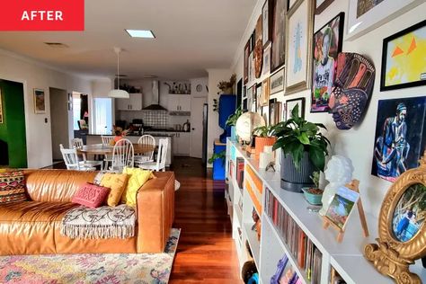 Eclectic Living Room Redo with Maximalist Gallery Wall - Before and After Photos | Apartment Therapy Black Media Cabinet, Maximalist Gallery Wall, Large Gallery Wall, Living Room Redo, Eclectic Living, Eclectic Living Room, Low Cabinet, Room Redo, Wallpaper Direct