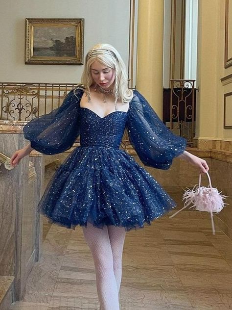 Princess Dress Up Ideas, Cosmos Party Dress, Cosmic Dress Gowns, Doll Like Dress, Night Under The Stars Dress, Celestial Dress Short, Space Dress Aesthetic, Star Dress Gowns, Galaxy Dress Formal