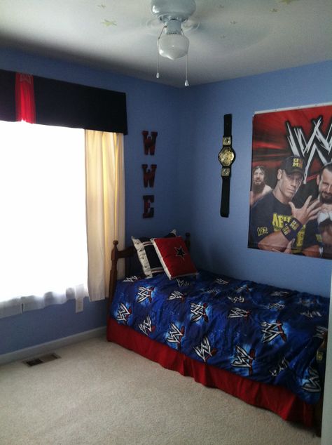 Pic2: Evan's WWE bedroom #wwe #wrestling (More pics of his room in my album) Wwe Bedroom Decor, Wwe Bedroom, Thomas Bedroom, Zebra Bedroom, Photo Room, Lit King Size, Teen Boy Bedroom, Boys Bedrooms, Bedroom Accessories