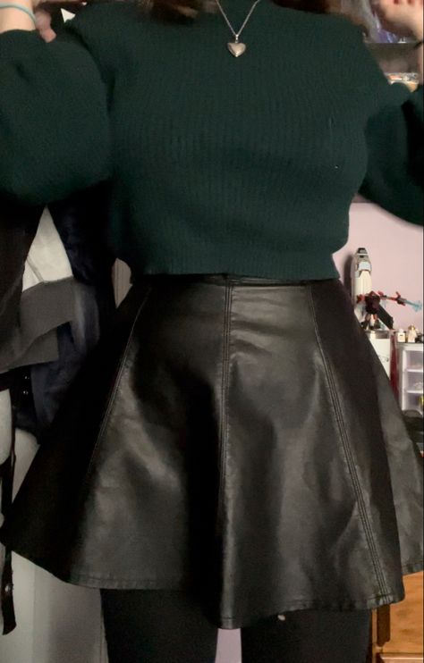 alternative grunge black leather skirt green sweater outfit Green Skirt Black Top Outfit, Emerald Green Winter Outfit, Black And Dark Green Outfit, Dark Green And Black Outfit, Black Leather Skirt Outfit, Green Sweater Outfit, Green Skirt Outfits, Green Top Outfit, Grunge Outfits Winter