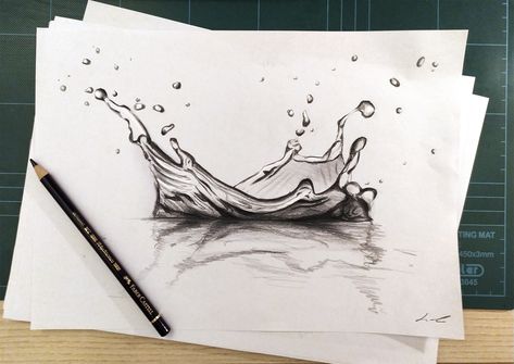 Black pencil sketch on white paper, water splash, drops and reflections. #water #splash #drop #drops #sketch #artwork #watersketch #dropdrawing #waterdraw #draw #dropsketch #blackpencil Drawing Water Splash, Splash Water Drawing, 3d Art Sketch, Water Sketch Pencil, Pencil Water Drawing, Water Drawing Pencil, Water Drop Sketch, Reflection Drawing Reference, Water Reflection Drawing