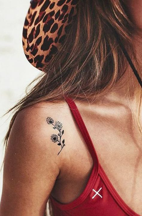 Small Wild Flower Shoulder Tattoo Ideas for Women  - Minimal Floral Rose Arm Tat -   Ideas pequeñas del tatuaje del hombro de la flor salvaje para las mujeres chicas - www.MyBodiArt.com Dainty Tattoos For Women Unique Arm, Small Tattoos On Shoulder For Women, Simple Flower Shoulder Tattoo, Small Flower Shoulder Tattoo, Minimal Shoulder Tattoos For Women, Top Of Shoulder Tattoos For Women Quotes, Small Shoulder Tattoos For Women Unique, Women Tattoo Placement Ideas, Shoulder Tattoos For Women Flower