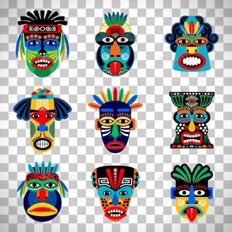 Aztec Mask Set on Transparent Background - Miscellaneous Vectors Mayan Mask, Aztec Mask, African Art Projects, Cardboard Mask, Palm Frond Art, Afrique Art, Mayan Art, African Art Paintings, Aztec Art