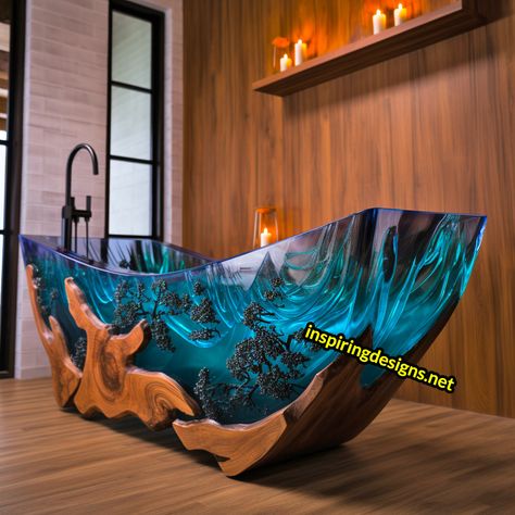 These Stunning Wood and Epoxy Bathtubs Merge Art, Function, and Luxury Wood And Epoxy Bathtubs, Fancy Bathtubs, Epoxy Bathtub, Wooden Epoxy, Wood Bathtub, Bathtub Ideas, Marble Tub, Beautiful Bathtubs, Well Pictures