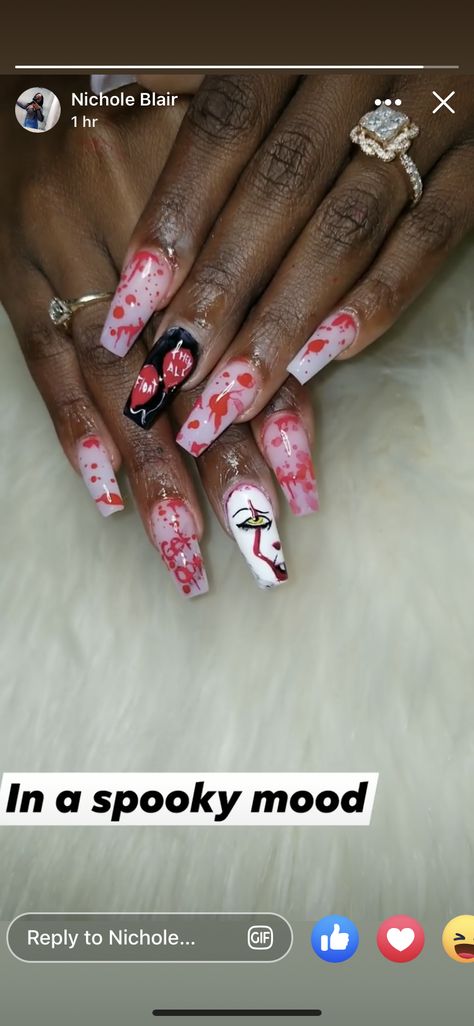 Halloween Nails Clown, Penny Wise Nails, Scary Movie Nails, Pennywise Nails, Gore Nails, Scary Halloween Nails, Nails Scary, Clown Nails, Circus Nails