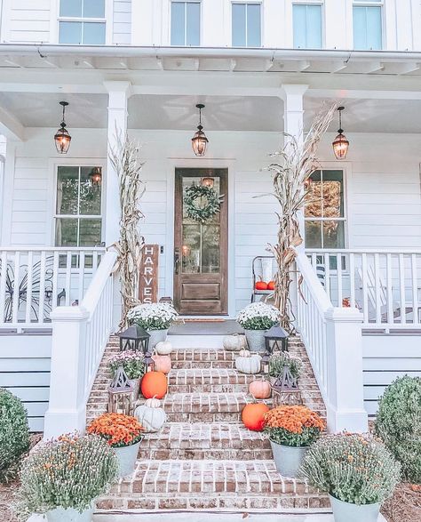 Just realized there’s only 6 days till October 1st!! You guys this was my front porch at the farmhouse last year by October!!! How has this… Front Door Images, Shiplap Farmhouse, Brick Porch, Front Porch Inspiration, Front Porch Steps, Brick Steps, American Farmhouse Style, Farmhouse Front Porches, Red Brick House