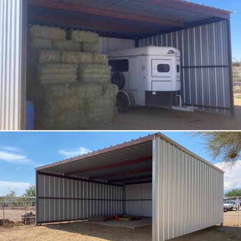 Horse Hay Storage, Hay Barn Storage, 2 Stall Horse Barn With Tack Room, Hay Storage Ideas Barns, Hay Barn Ideas, Horse Property Ideas, Small Horse Farm Layout, Feed Storage Ideas Livestock, Horse Barn Organization Ideas