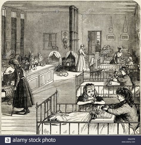 Childrens hospital ward. Victorian woodcut engraving dated 1890 Victorian Hospital, Woodcut Engraving, Hospital Ward, Victorian England, Children Hospital, Victorian Art, Childrens Hospital, 19th Century, High Resolution