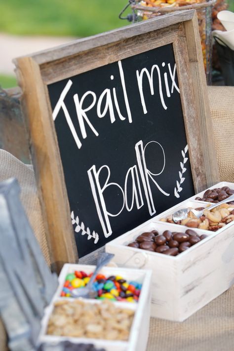 Such a cute idea for a pre-ceremony cocktail hour: Trail mix bar! Tattooed Wedding, Glamping Invitation, Glamping Bachelorette Party, Tattooed Brides, Trail Mix Bar, Wedding Cocktail Hour, Glamping Birthday, Ty Dye, Glamping Party