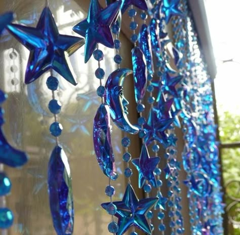 Iridescent Blue Celestial Beaded Curtain -- Stars & Moons Curtains Door, Bead Curtain, Door Beads, Beaded Curtain, Stars And Moons, Curtain Styles, Iridescent Blue, Beaded Curtains, Cottage Living