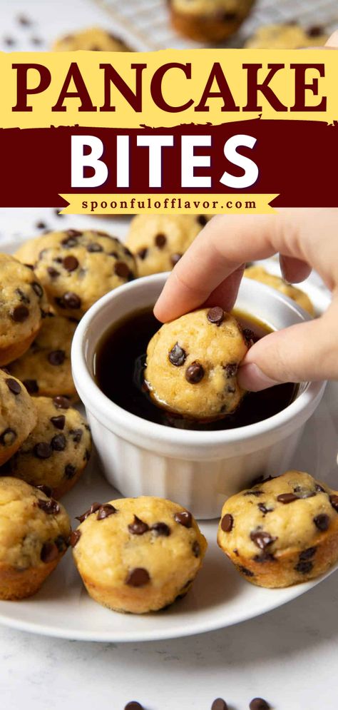 These easy pancake bites are a fun and delicious choice for breakfast, brunch or snack. These little bites come together in less than 20 minutes. Mix in chocolate chips or blueberries! Mini Muffin Pancake Bites, Mini Pancake Bites, Blueberry Pancake Muffins, Pancake Bites Recipe, Bite Size Breakfast, Mini Pancake Muffins, Breakfast Potluck, Morning Recipes Breakfast, Easy Pancake