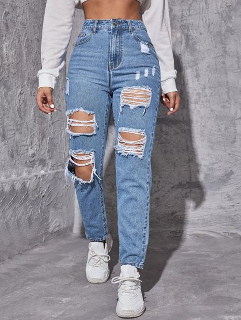 Free Returns ✓ Free Shipping On Orders $49+ ✓. High Waist Ripped Frayed Tapered Jeans- Women Jeans at SHEIN. Cute Ripped Jeans, Ripped Jeans Women, Cute Pants, Cute Jeans, Tapered Jeans, Ripped Denim, Really Cute Outfits, Women Denim Jeans, Teen Fashion Outfits