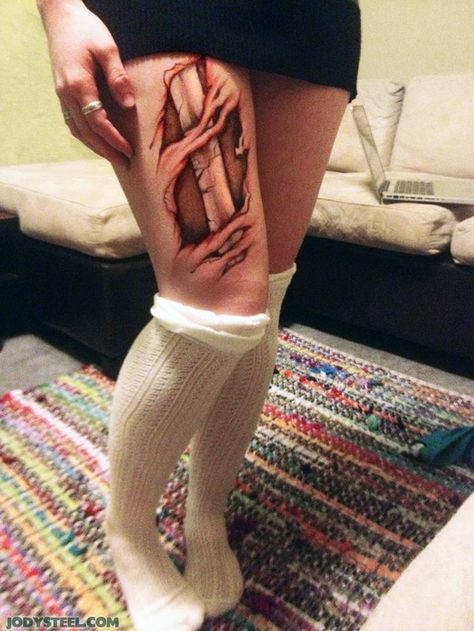 awesome 'thigh' art Skin Tear Tattoo, Ripped Skin Tattoo, Side Thigh Tattoos, Drawing Legs, Leg Art, Leg Bones, Bone Tattoos, Doodle Tattoo, 3d Tattoo