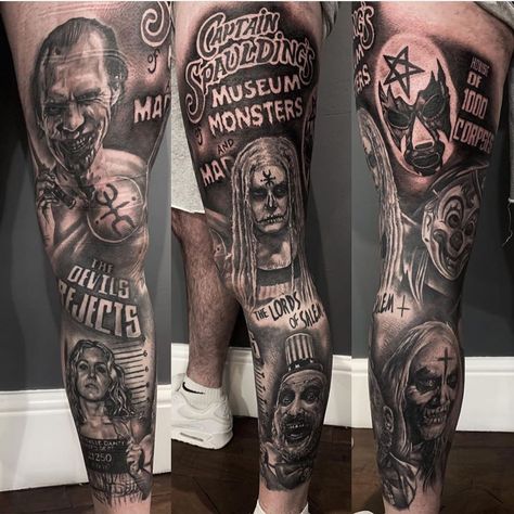 Rob Zombie Tattoo Ideas, House Of 1000 Corpses Tattoo, Horror Film Tattoo, Rob Zombie Tattoo, Zombie Tattoo Ideas, Tattoo Designs Drawings Sketches, Halloween Rob Zombie, Zombie Tattoo, Zombie Tattoos