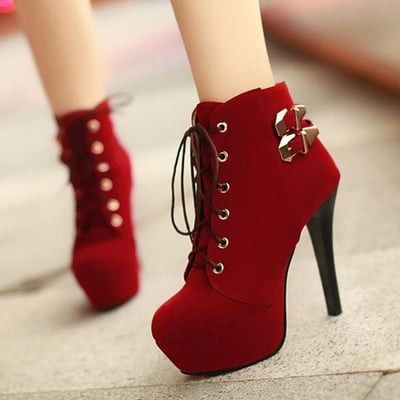 Red Lace up Platform High Heel Boots · KoKo Fashion · Online Store Powered by Storenvy Red Heel Boots, Brown Heeled Boots, High Heel Stiefel, Red Platform, High Heel Ankle Boots, Fashion Shoes Heels, High Heel Dress, Platform Stilettos, Heel Ankle Boots