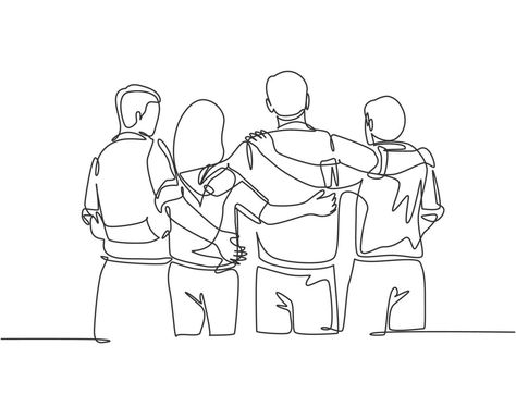 Single continuous line drawing about group of men and woman from multi ethnic standing and hugging together to show their unity bonding. Friendship concept one line draw design vector illustration Community Clipart, Unity Drawing, Portrait Illustrator, Hugging Drawing, Friends Hugging, Dancing Drawings, Friends Illustration, Human Figure Drawing, Family Drawing